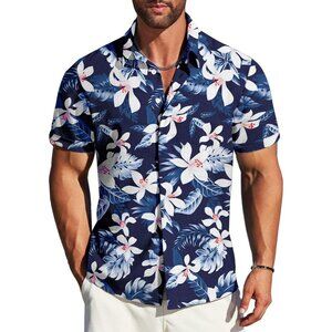 Men's Navy Blue - Flower Linen Short Sleeve Button Down Casual Shirt Business